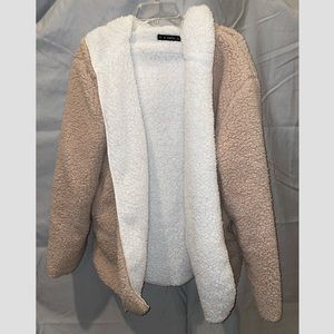 Zaful teddy jacket, tan/white reversible, size M